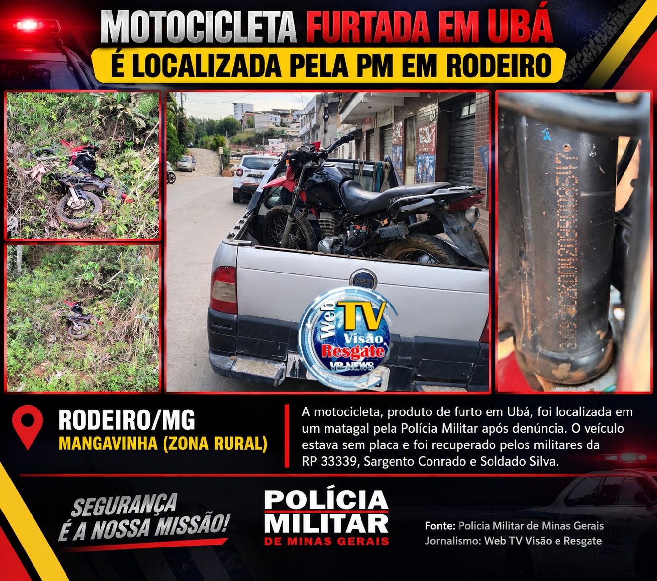🚨 Motocicleta furtada em Ubá é localizada pela PM em matagal na zona rural de Rodeiro.