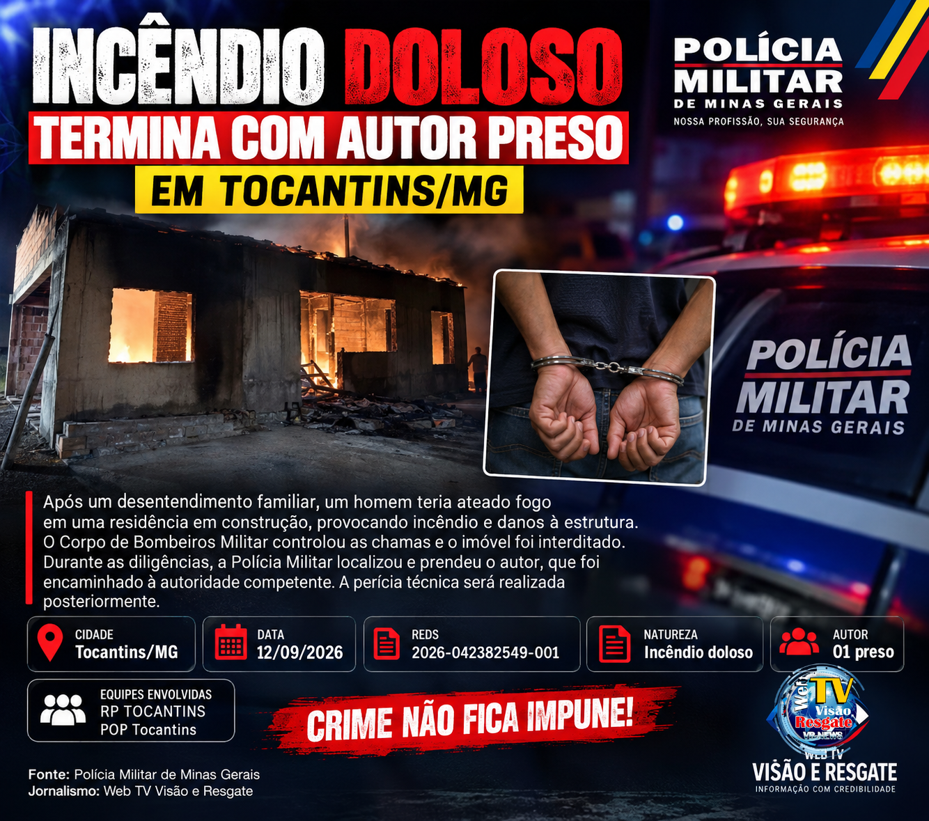 Incêndio doloso em residência em construção termina com autor preso em Tocantins, MG.