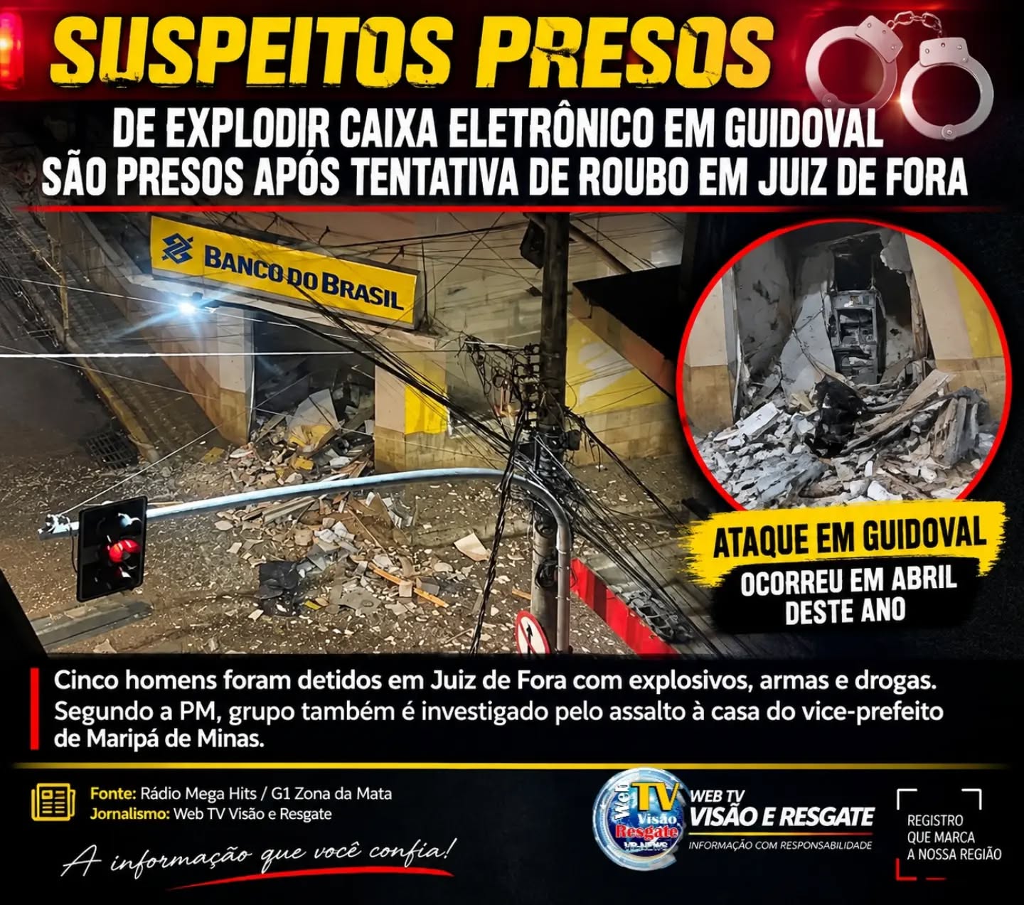 Suspeitos de explodir caixa eletrônico em Guidoval são presos após tentativa de roubo em Juiz de Fora.