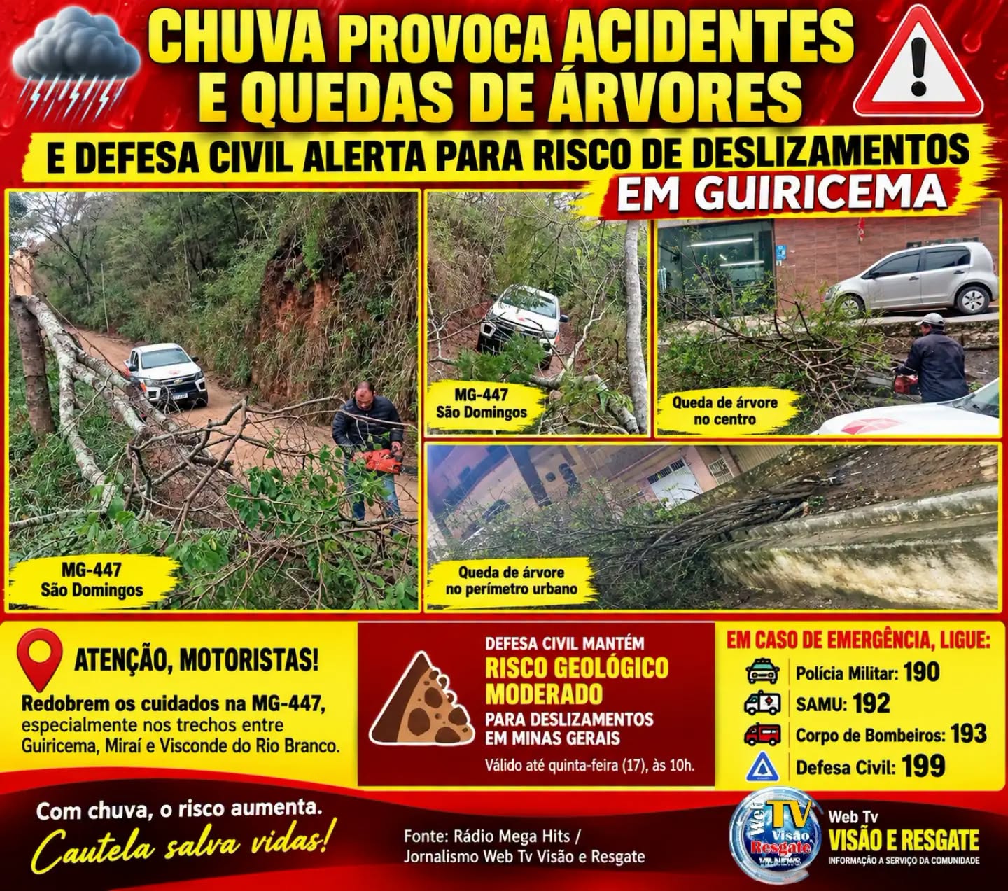 🌧️ Chuva provoca acidentes e quedas de árvores em Guiricema; Defesa Civil alerta para risco de deslizamentos.