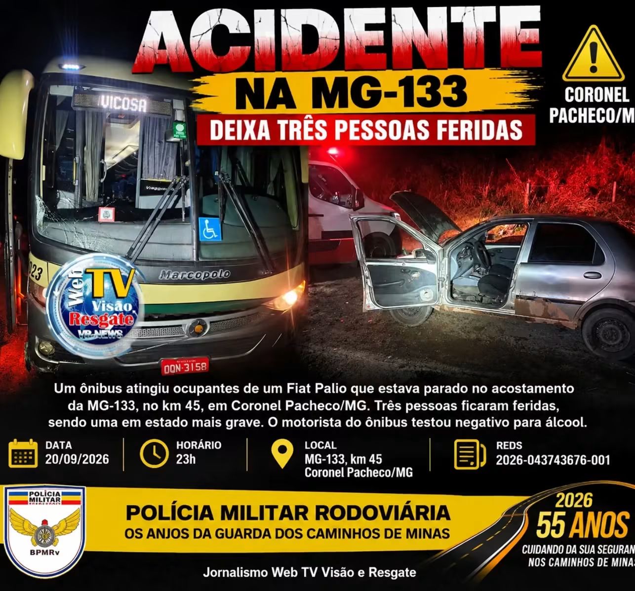 🚨 ACIDENTE NA MG-133 DEIXA TRÊS PESSOAS FERIDAS EM CORONEL PACHECO.