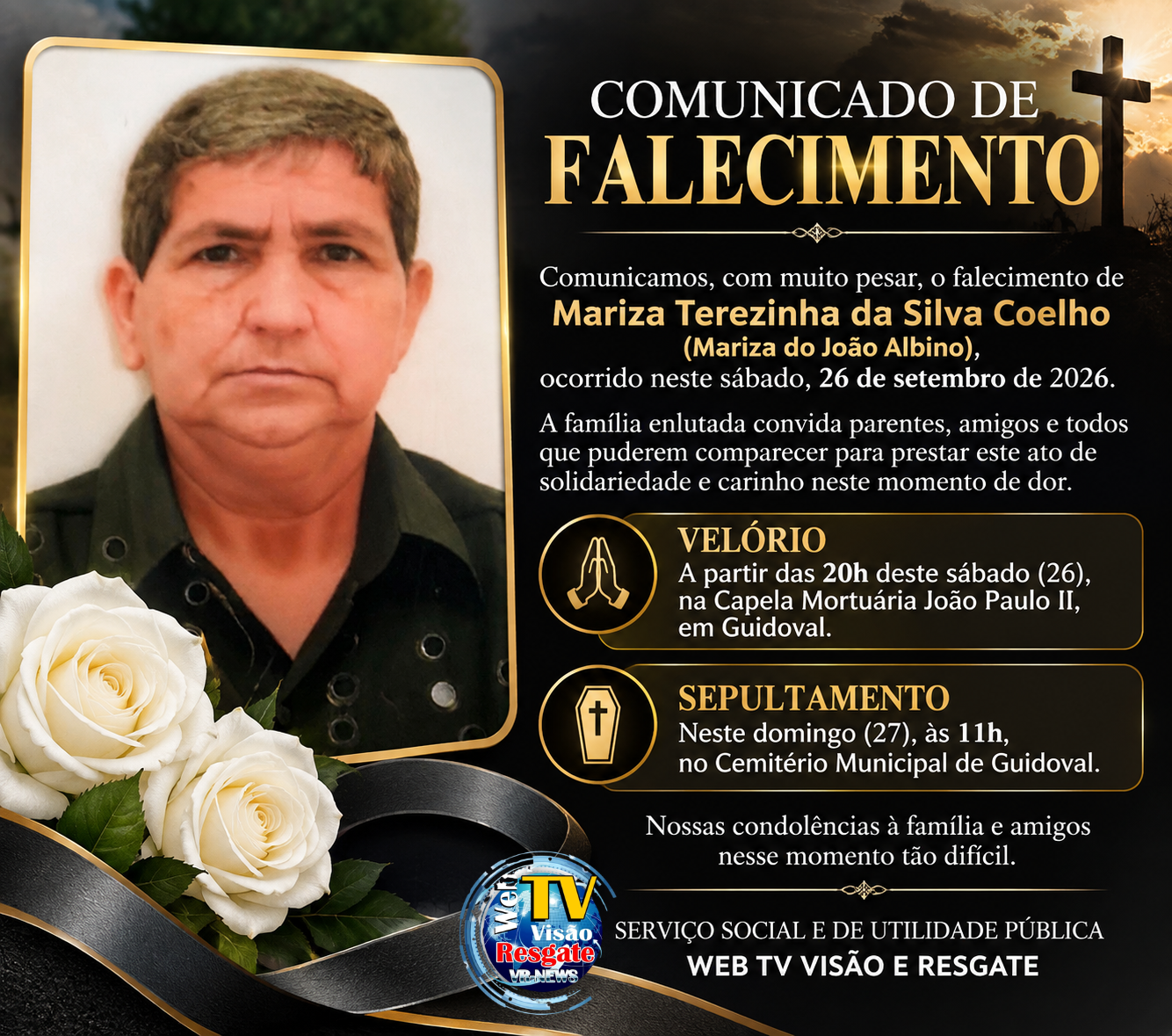 🕊️ Morre Mariza Terezinha da Silva Coelho, conhecida como Mariza do João Albino, em Guidoval.