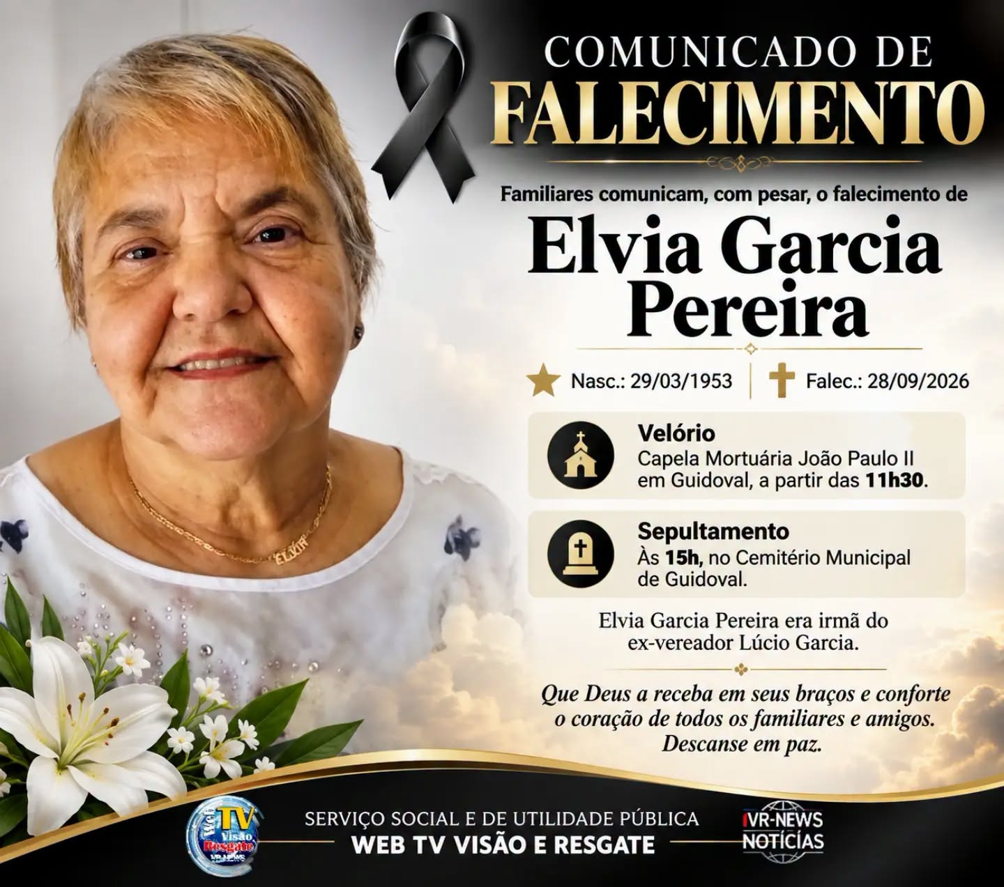 🕊️ ELVIA GARCIA PEREIRA É SEPULTADA EM GUIDOVAL.