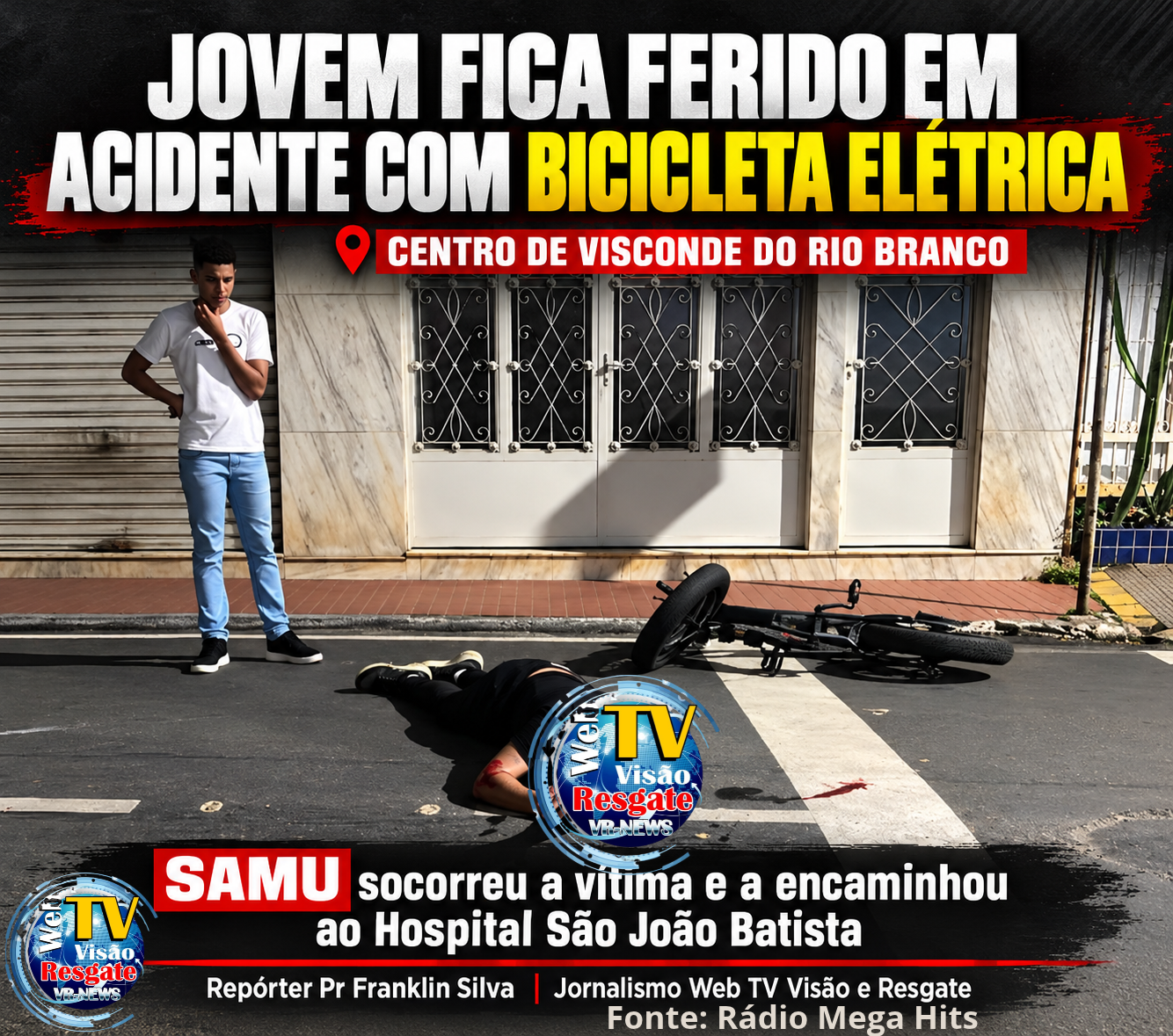 Acidente aconteceu na madrugada deste domingo (18), na Avenida Doutor Carlos Soares, em frente à agência do INSS. Vítima foi socorrida pelo SAMU e encaminhada ao Hospital São João Batista.
