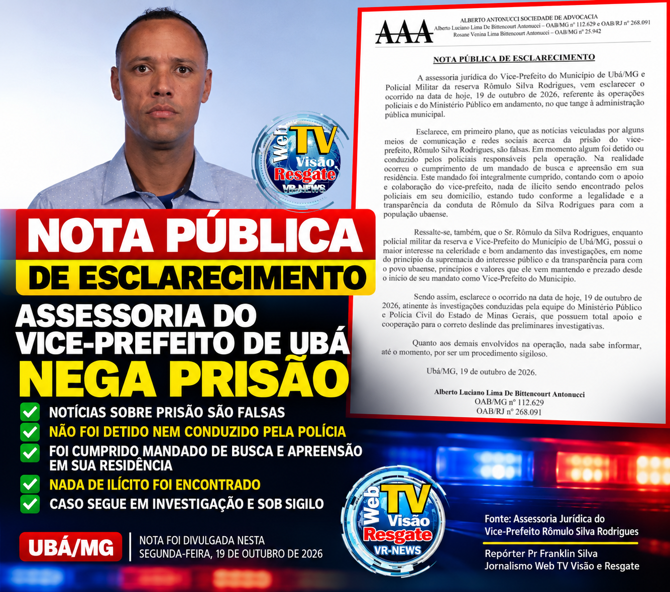 NOTA PÚBLICA DE ESCLARECIMENTO  / ASSESSORIA DO VICE-PREFEITO DE UBÁ NEGA PRISÃO