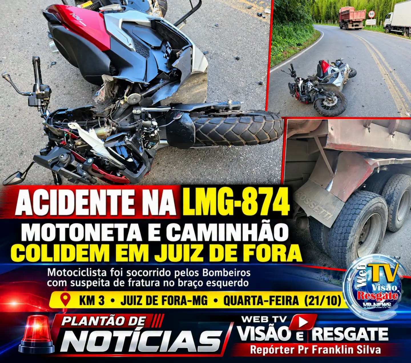 Acidente entre motocicleta e caminhão deixa motociclista ferido na LMG-874, em Juiz de Fora.